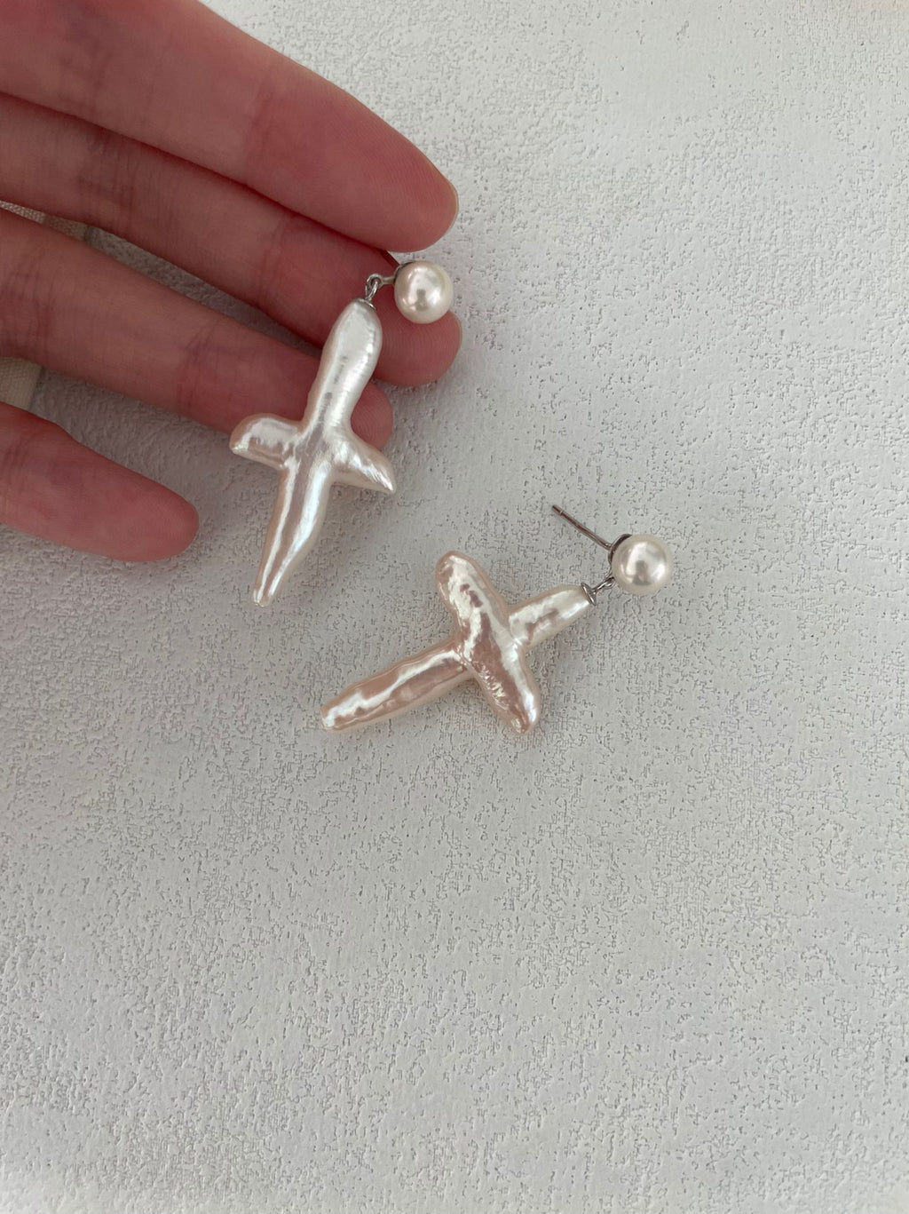 “Pearl Cross” Sterling Silver Sculpted Pearl Earrings