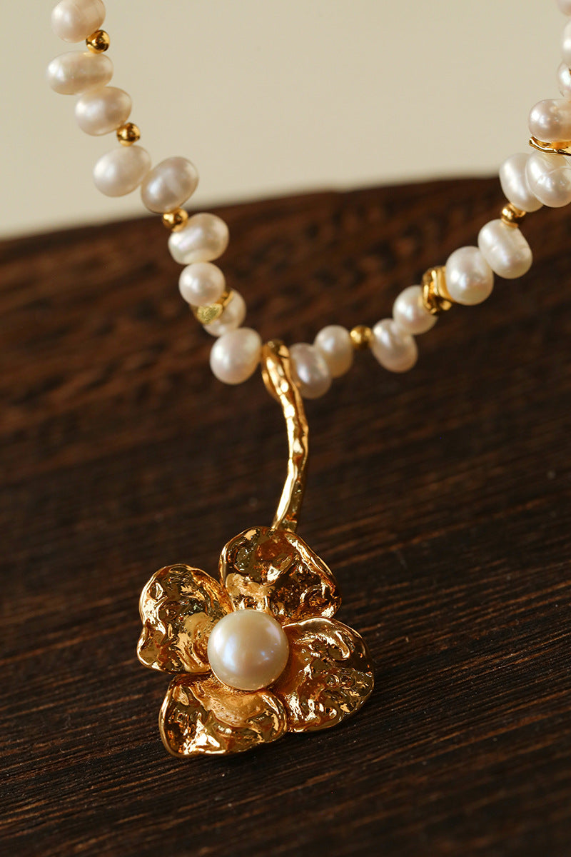 French Vintage Asymmetrical Pearl Flower Necklace
