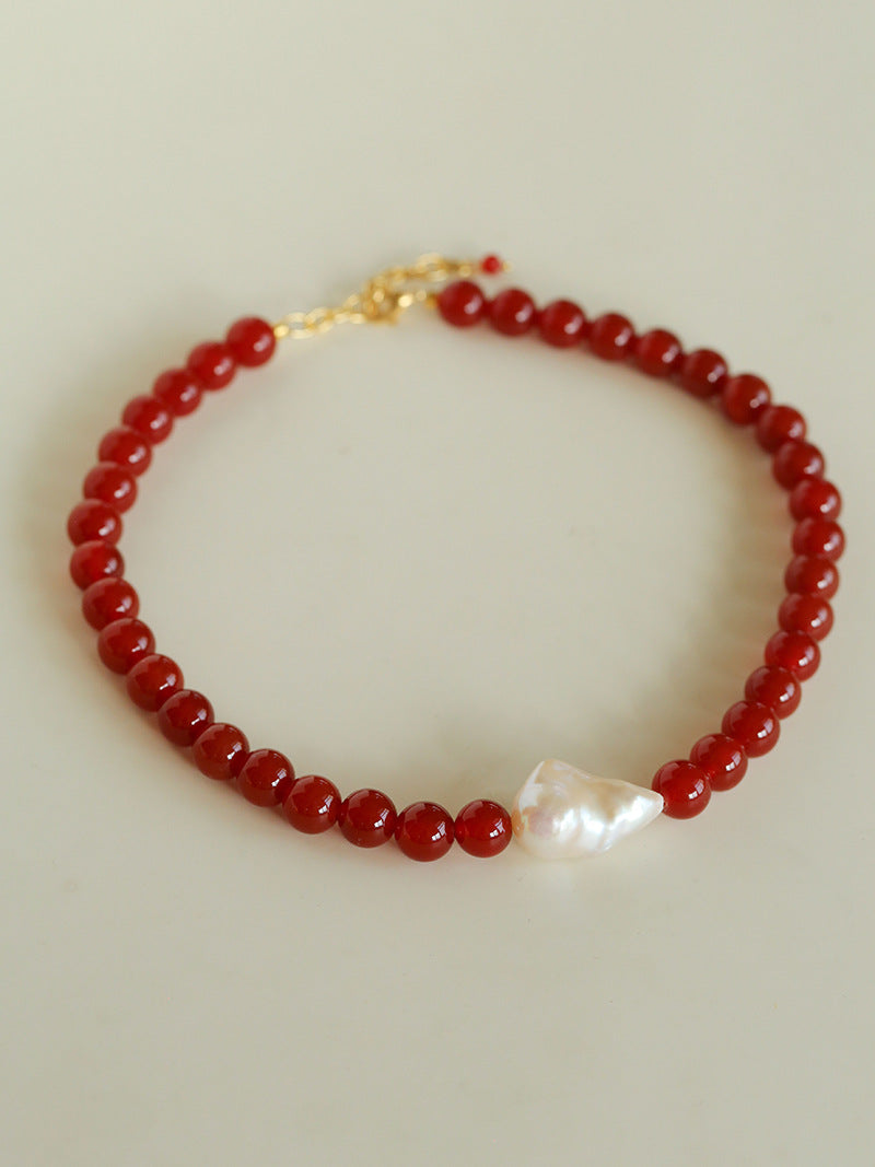 Red Agate and Baroque Pearl Necklace