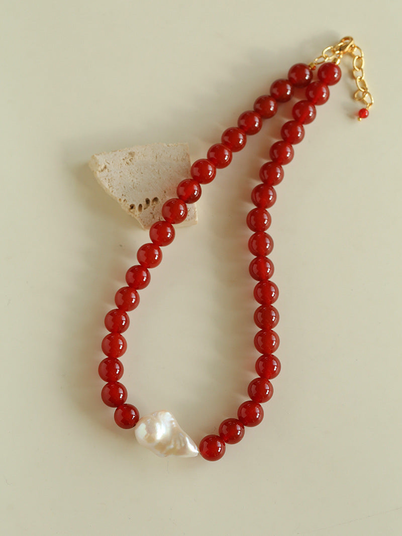 Red Agate and Baroque Pearl Necklace