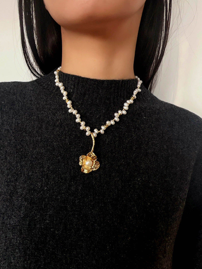 French Vintage Asymmetrical Pearl Flower Necklace