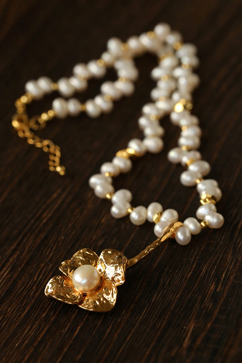 French Vintage Asymmetrical Pearl Flower Necklace