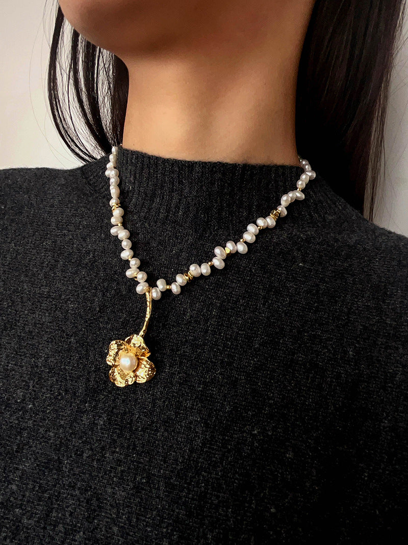 French Vintage Asymmetrical Pearl Flower Necklace