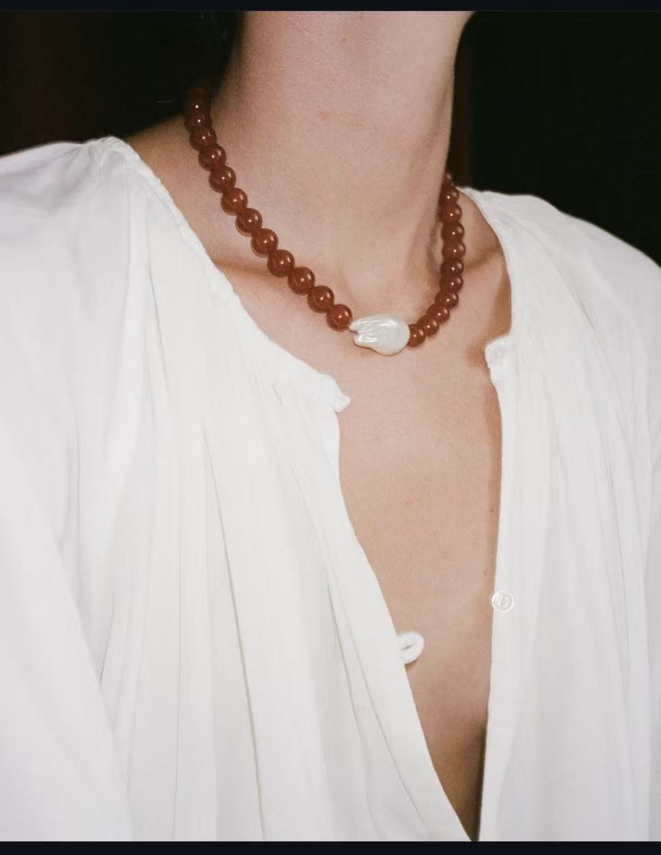 Red Agate and Baroque Pearl Necklace