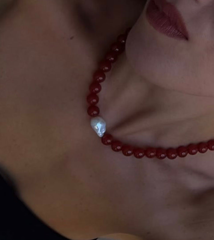 Red Agate and Baroque Pearl Necklace