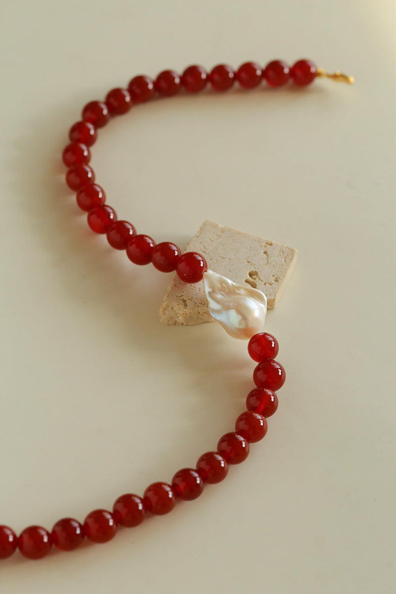Red Agate and Baroque Pearl Necklace
