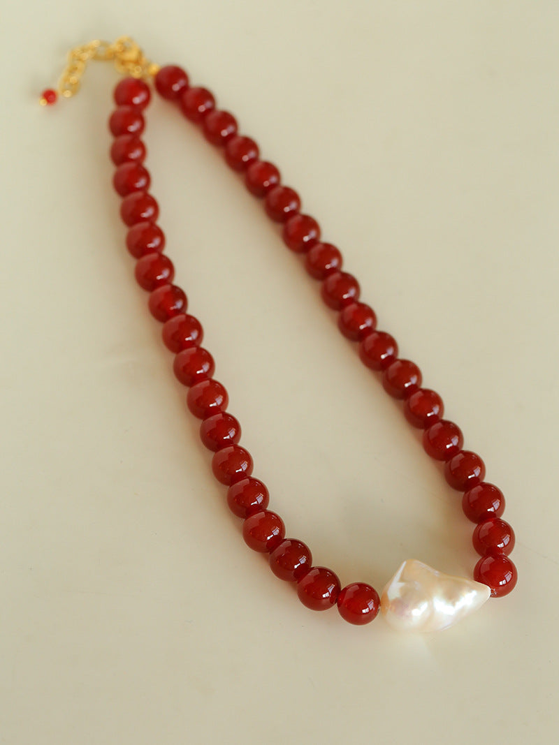 Red Agate and Baroque Pearl Necklace